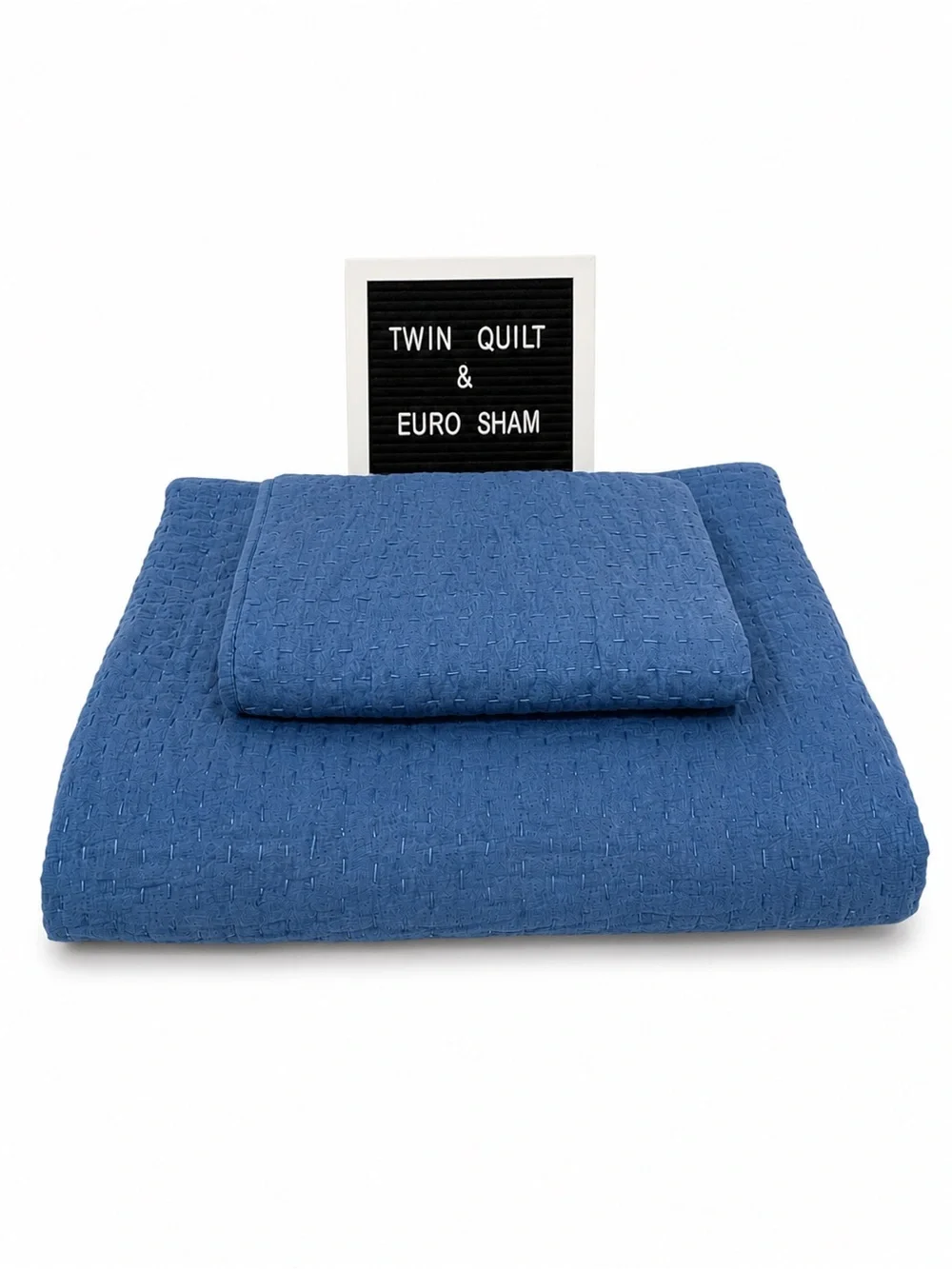 Pottery Barn Blue Pick-Stitch Cotton Linen Twin Quilt & 26” Euro Sham Set